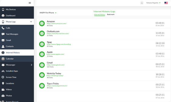 インターネット履歴監視用の Xnspy ダッシュボード