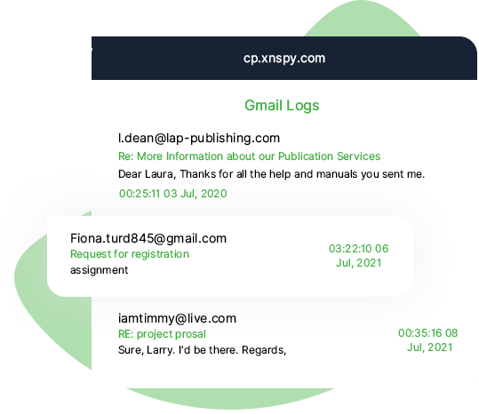 Gmail アプリ追跡用の XNSPY ダッシュボード