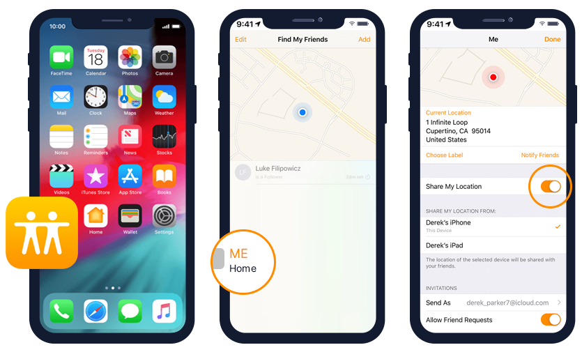 位置追跡のために iOS デバイスで [友達を探す] を使用する